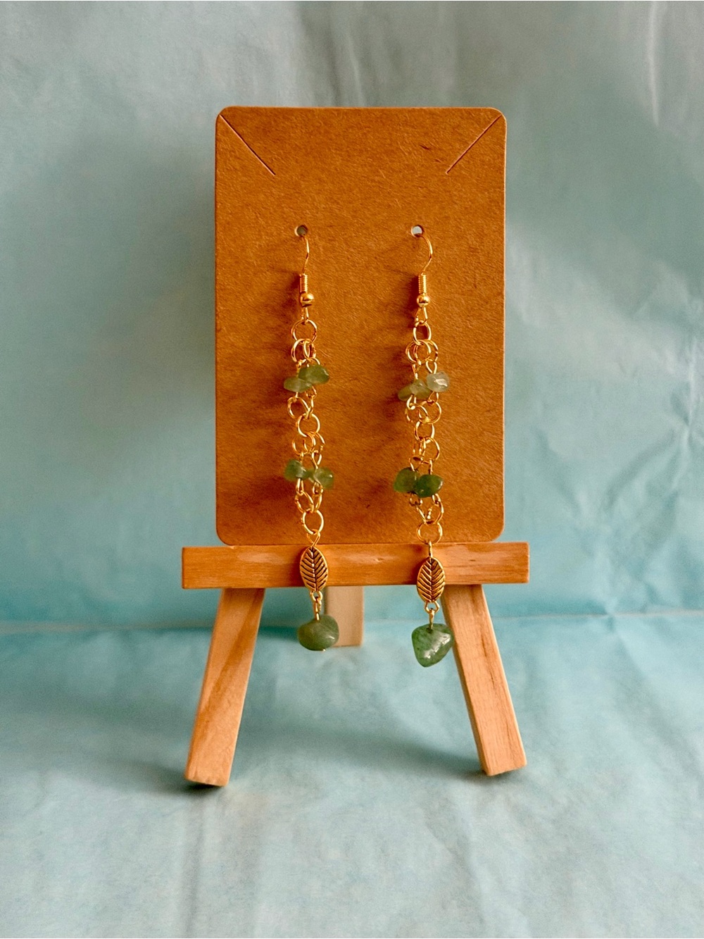 Hand-assembled Green Gemstone Dangle Earrings with Gold Leaf Accents